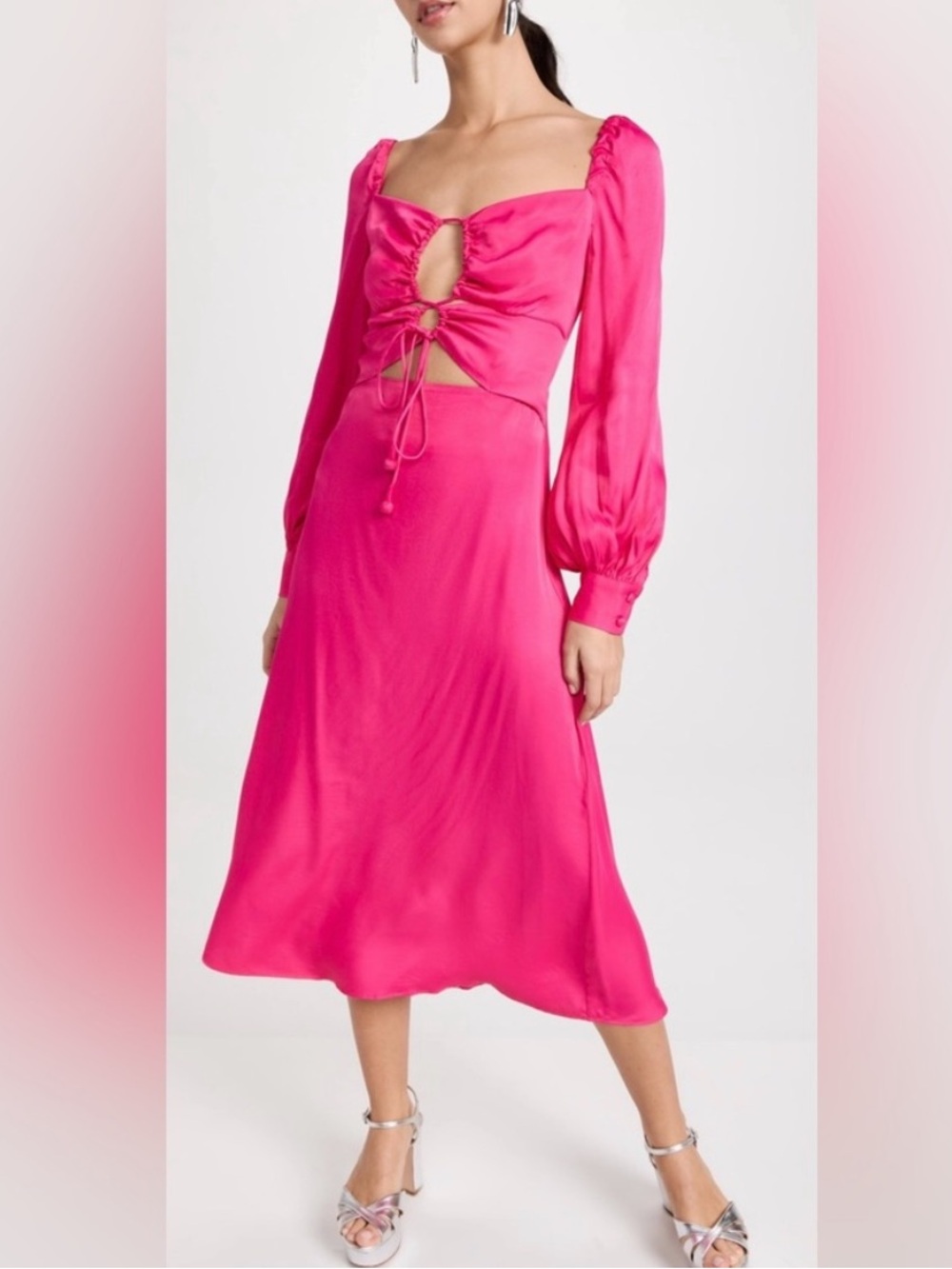 Farm Rio pink cutout satin long sleeve midi dress sz s party cocktail